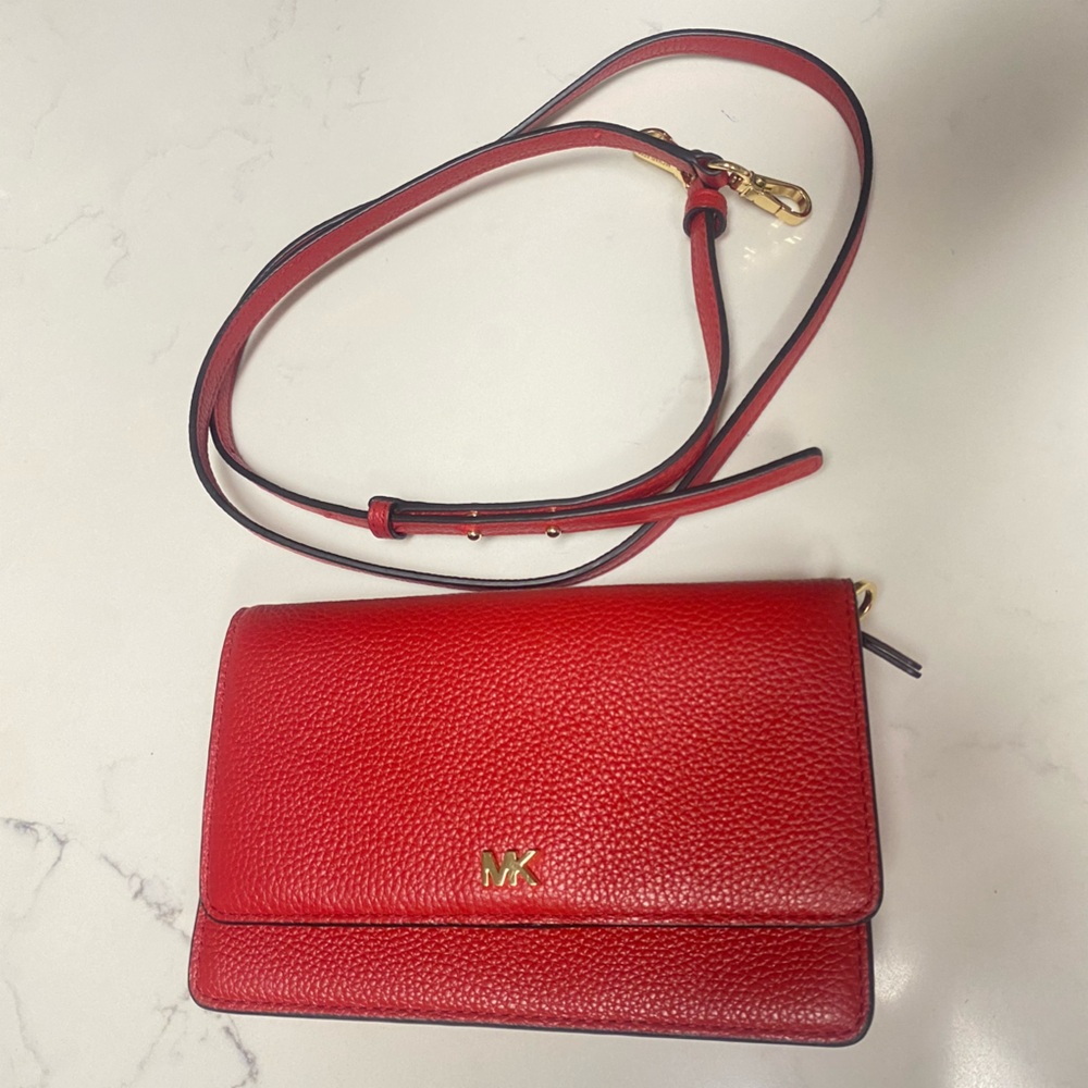 Michael Kors Mott Red Leather Crossbody Bag with Gold Hardware